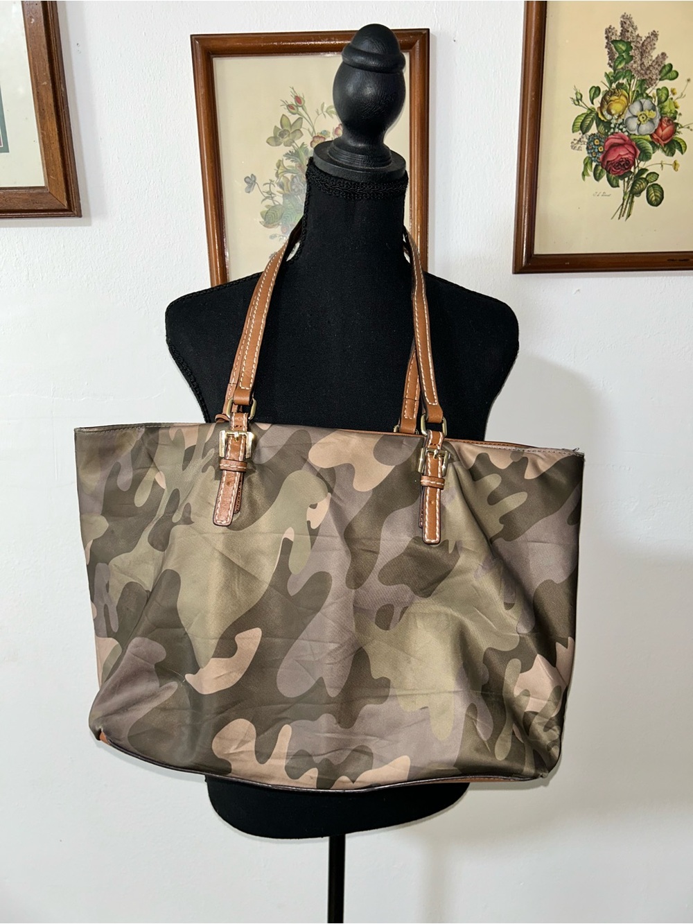 Tommy Hilfiger Camo Tote with Brown Leather Handles